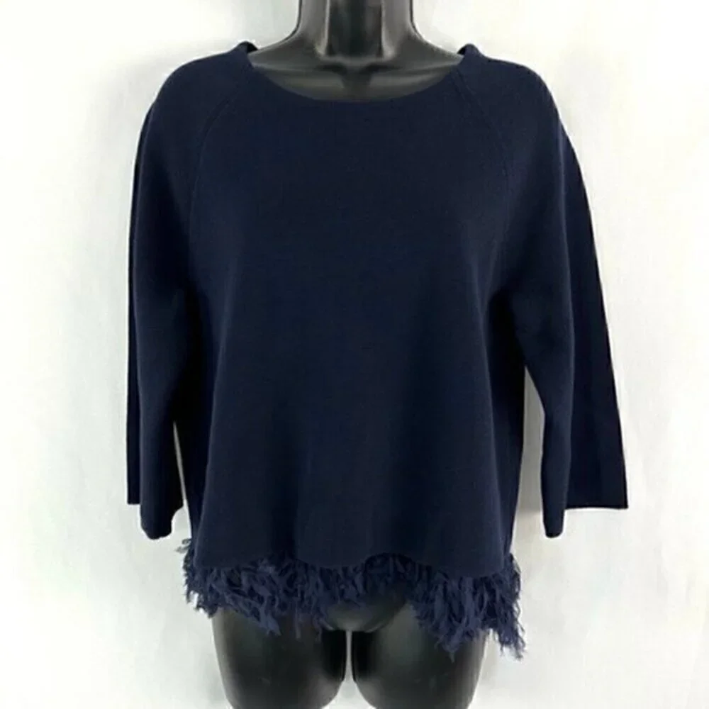 J. Crew Silk Laser Cut Chiffon Fringe 3/4 Sleeve Sweater Top Navy Blue Small‎